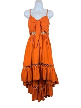 Main Strip Orange Midi High Low Dress SzS Tie Front Cutout Ruffle Boho